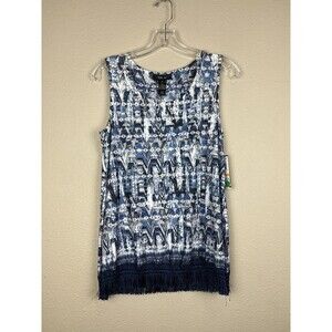 NWT Style & Co Womens Small Tank Blouse Blue Print Shirt Sleeveless Flowy Fringe
